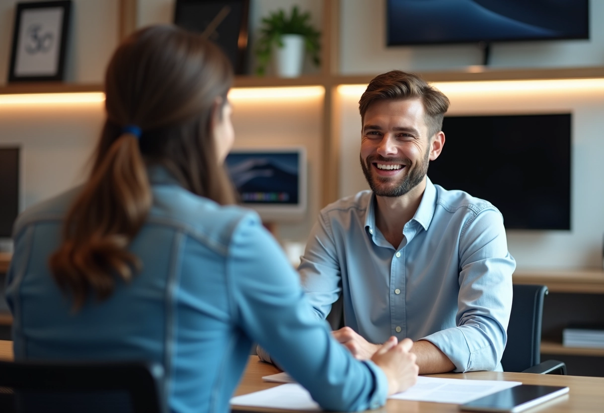 Jeune homme discutant avec un agent en magasin de technologie