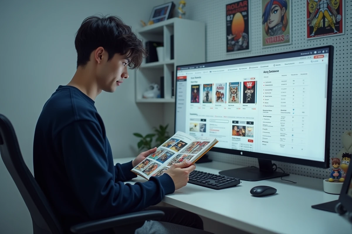 Homme comparant un manga physique avec un tableau de bord de suivi de collection sur un écran d'ordinateur dans un bureau minimaliste