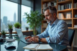 Homme d'âge moyen travaillant sur un ordinateur dans un bureau moderne