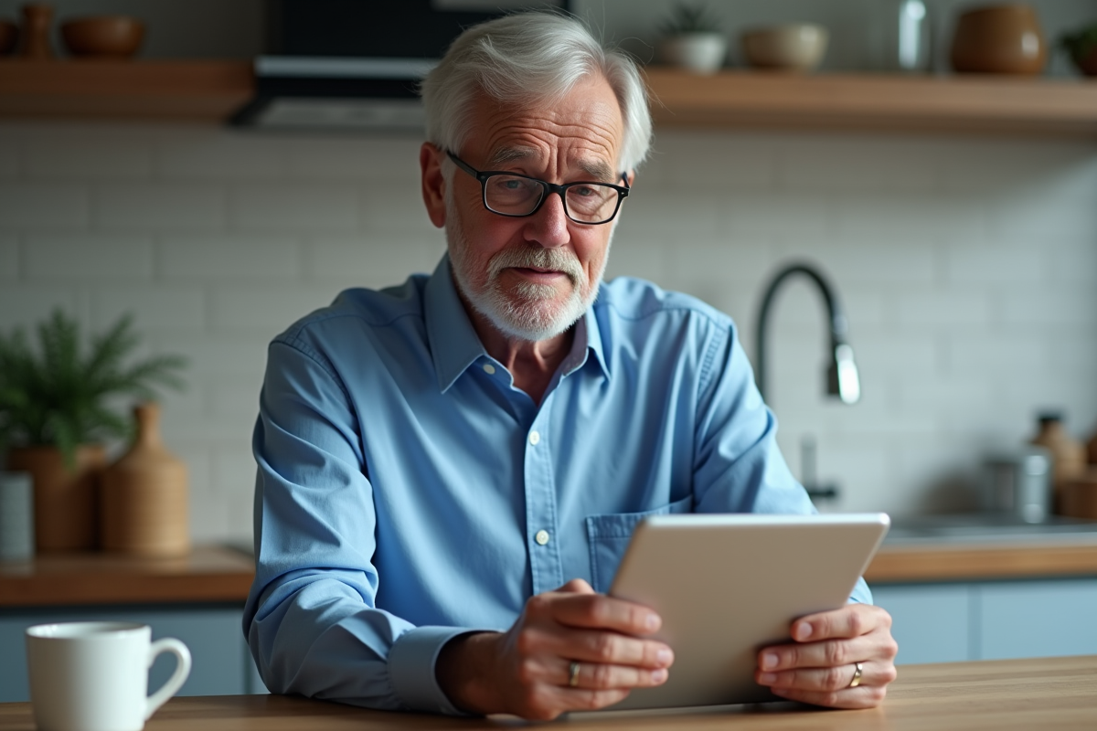 Homme âgé utilisant une tablette dans une cuisine moderne