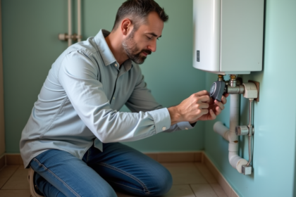 Homme vérifiant le panneau de contrôle d'un chauffe-eau moderne dans une buanderie propre
