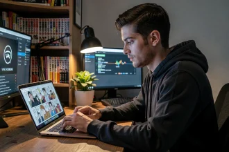 Jeune homme lisant des mangas en ligne sur un ordinateur portable avec une interface VPN visible en arrière-plan