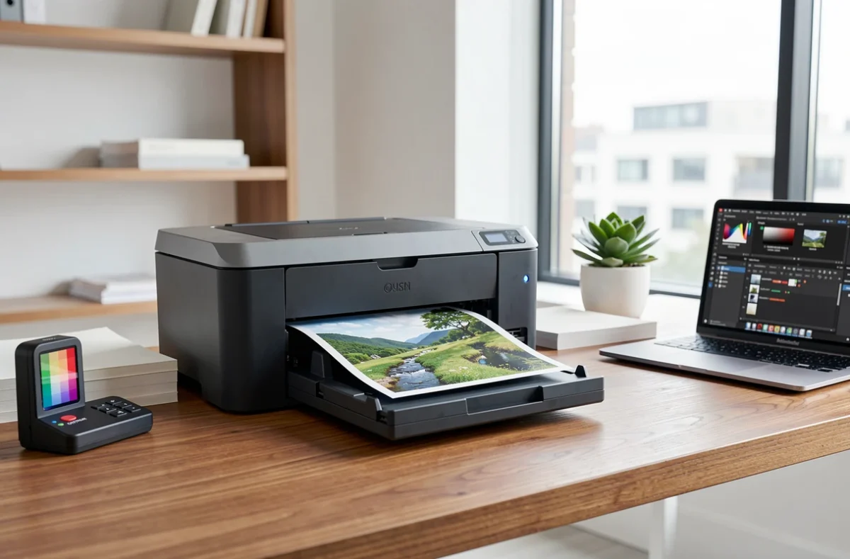 Imprimante photo professionnelle sur un bureau en bois produisant une impression couleur précise dans un bureau à domicile minimaliste