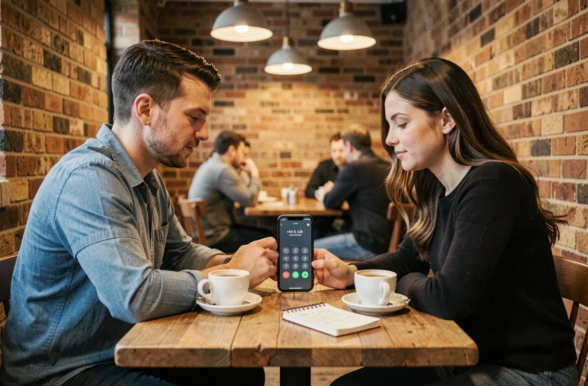 Deux personnes dans un café urbain consultant un smartphone affichant l'indicatif international +44 pour passer un appel vers le Royaume-Uni au meilleur tarif