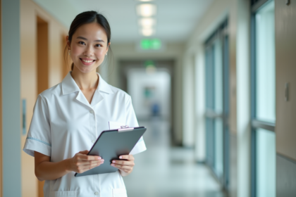 Jeune infirmiere souriante dans un couloir d'hopital moderne
