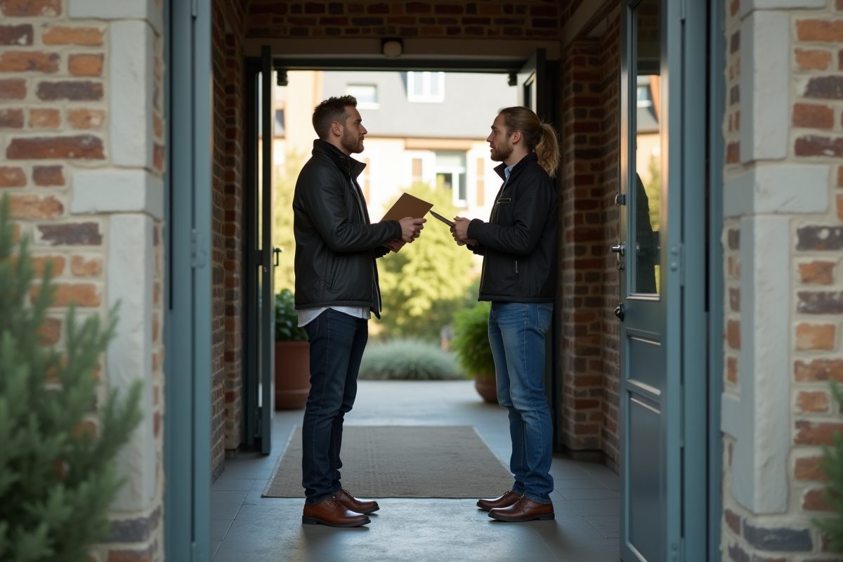 Jeune inspecteur énergie explique un rapport à un propriétaire