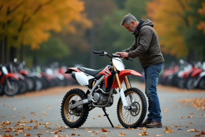 Homme inspectant la chaîne d'une moto tout-terrain