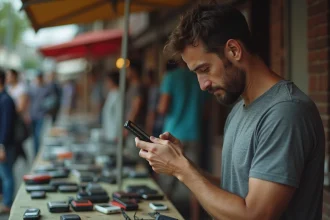 Homme inspectant attentivement un ancien Sony Ericsson d'occasion sur un stand de marché aux puces