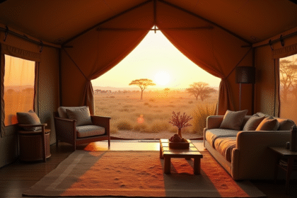 Intérieur d'une tente safari luxueuse au coucher du soleil
