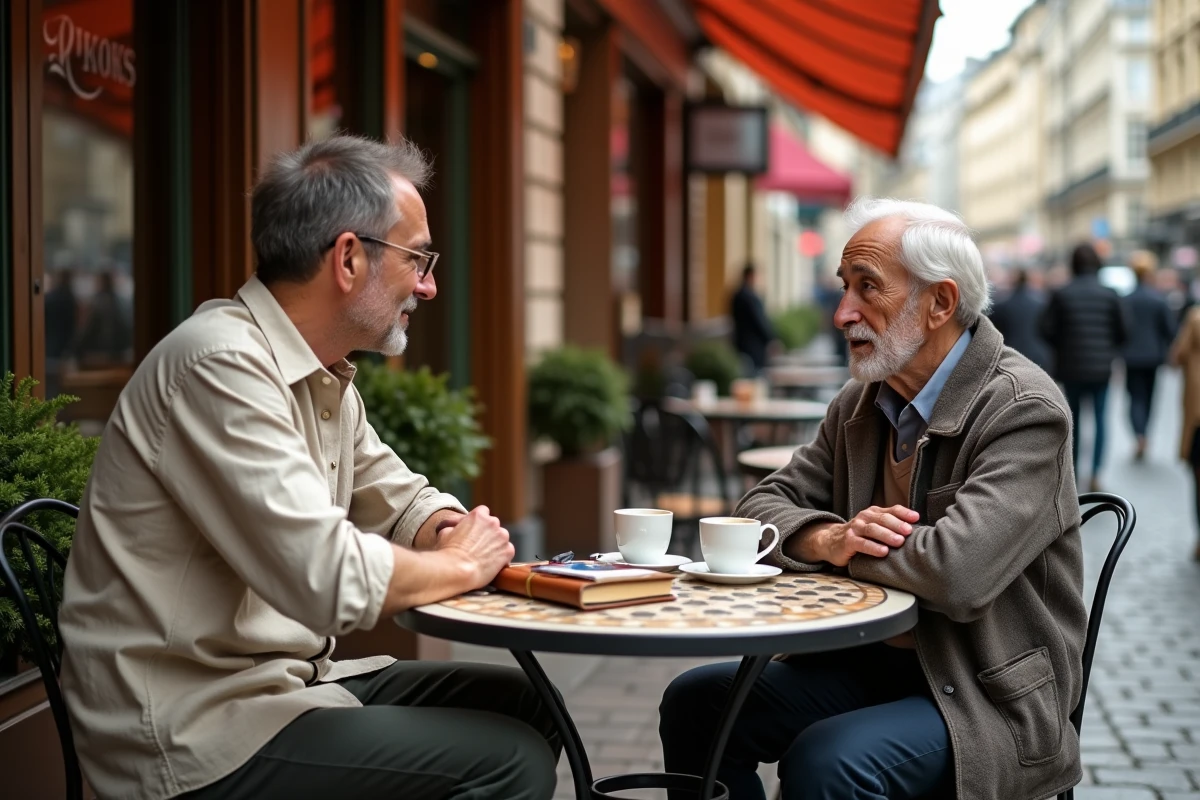 Journaliste politique en entretien avec un témoin dans un café parisien, carnet et enregistreur posés sur la table