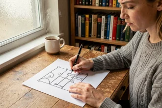 Femme concentrée jouant au jeu du pendu sur papier quadrillé avec un stylo, entourée de dictionnaires sur un bureau en bois