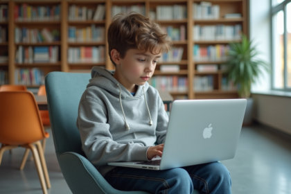 Jeune adolescent concentré sur son ordinateur dans une bibliothèque moderne