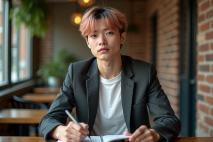 Jeune adulte avec cheveux multicolores dans un café moderne