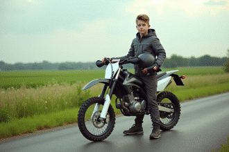 Jeune garçon en équipement motocross avec moto 50cc en campagne