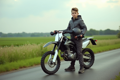 Jeune garçon en équipement motocross avec moto 50cc en campagne