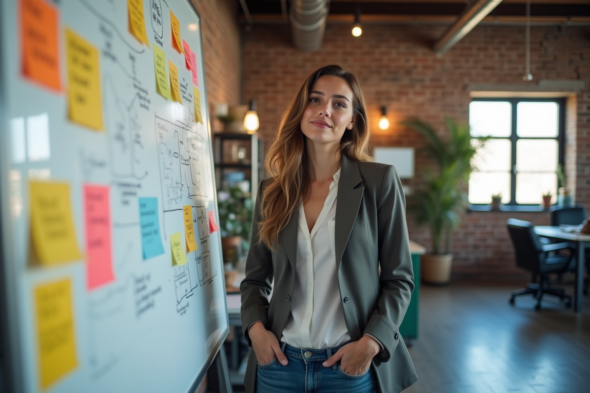 Jeune entrepreneure devant un tableau blanc créatif