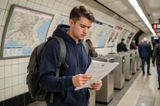 Jeune homme étudiant lisant un PV RATP dans une station de métro parisienne avec une expression préoccupée