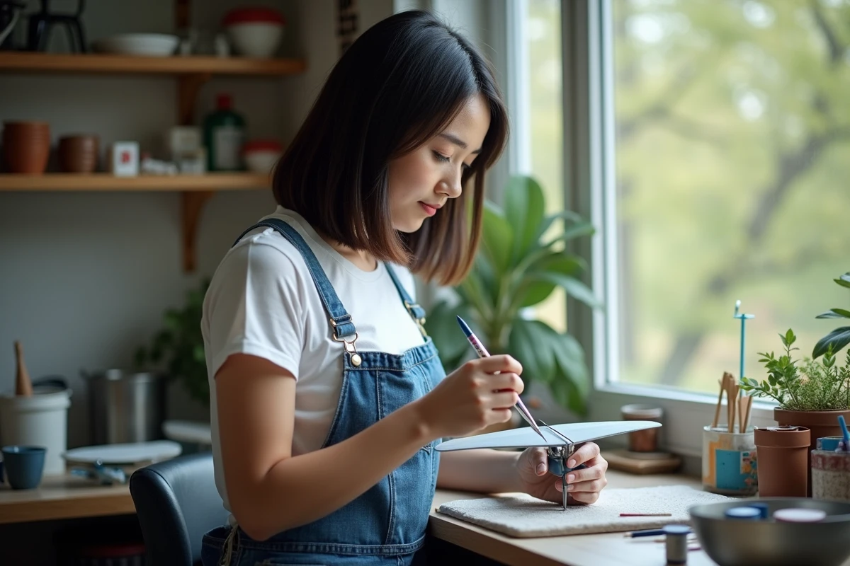 Jeune femme airbrushant un aile d