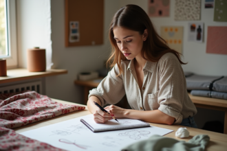 Jeune femme dessinant des motifs textiles dans un atelier lumineux