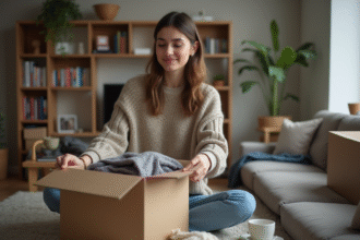 Jeune femme plie ses vêtements dans une box dans un salon cosy