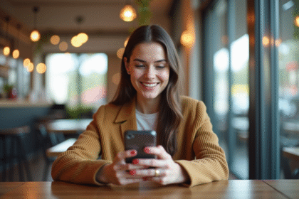 Jeune femme souriante utilisant son smartphone au café