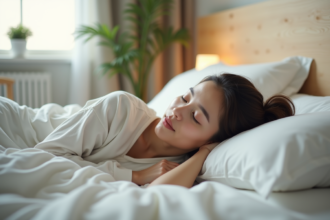Jeune femme dormant paisiblement dans un lit minimaliste
