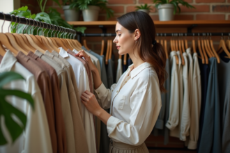 Jeune femme examinant des vêtements upcycles dans une boutique