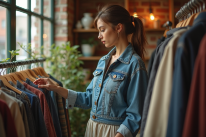 Jeune femme inspectant des vêtements vintage dans une boutique lumineuse