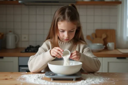 Jeune fille de 8 ans pèse de la farine dans la cuisine