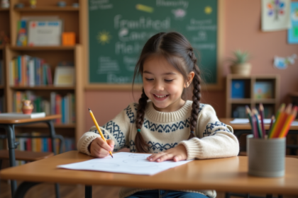 Jeune fille de 7 ans dessinant avec des crayons de couleur dans une classe chaleureuse