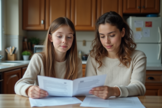 Jeune fille et sa mère regardent des papiers officiels à la cuisine