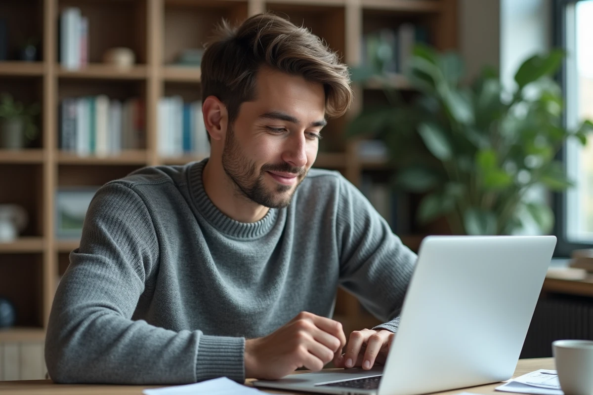 Jeune homme au bureau utilisant une application d