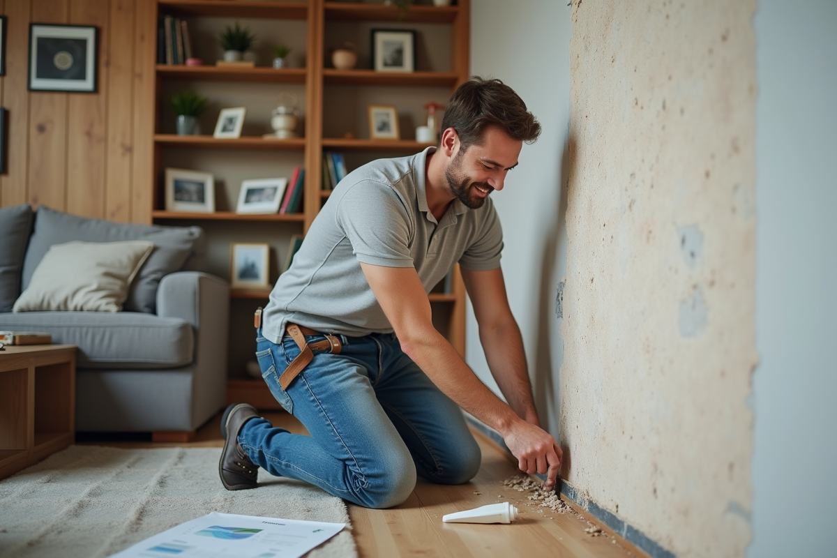 Jeune homme rénovant l isolation murale dans le salon