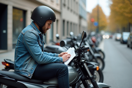 Jeune homme en moto avec brochure d'assurance en ville