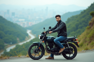 Jeune homme en moto sur route de montagne verte