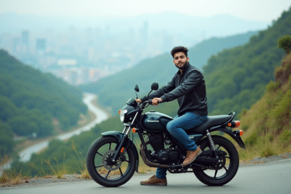 Jeune homme en moto sur route de montagne verte