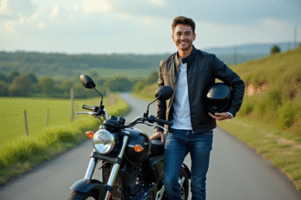 Jeune homme avec veste moto et moto 125cc en nature