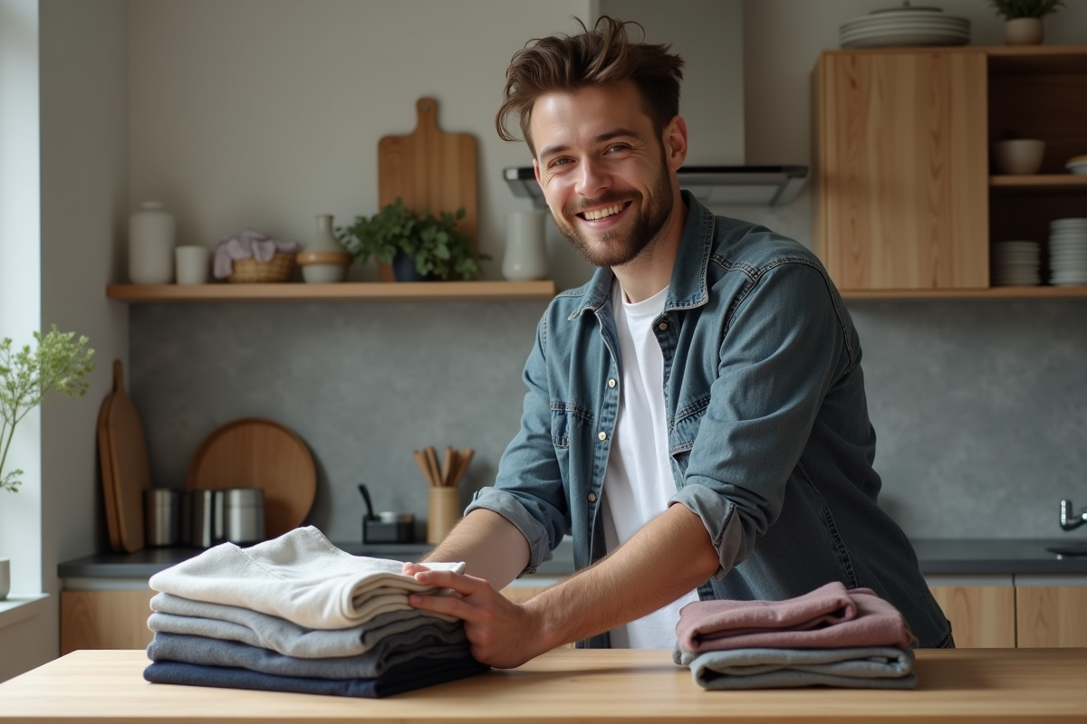 Jeune homme plie des vêtements dans une cuisine organisée