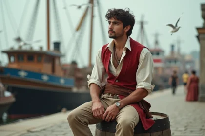 Jeune homme en port de mer regardant l'horizon