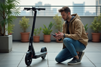 Jeune homme compare deux chargeurs de scooter sur un balcon urbain