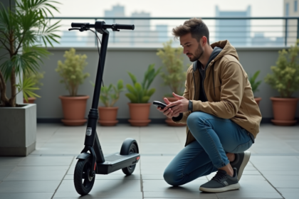 Jeune homme compare deux chargeurs de scooter sur un balcon urbain