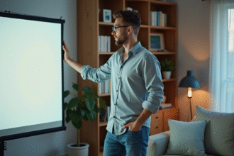 Jeune homme installant un ecran de projection dans un salon moderne
