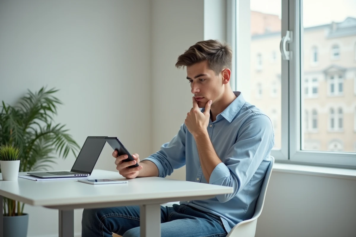 Jeune homme pensif utilisant son smartphone dans un bureau minimaliste