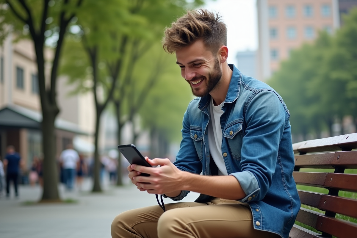 Jeune homme comparant deux smartphones dans un parc urbain