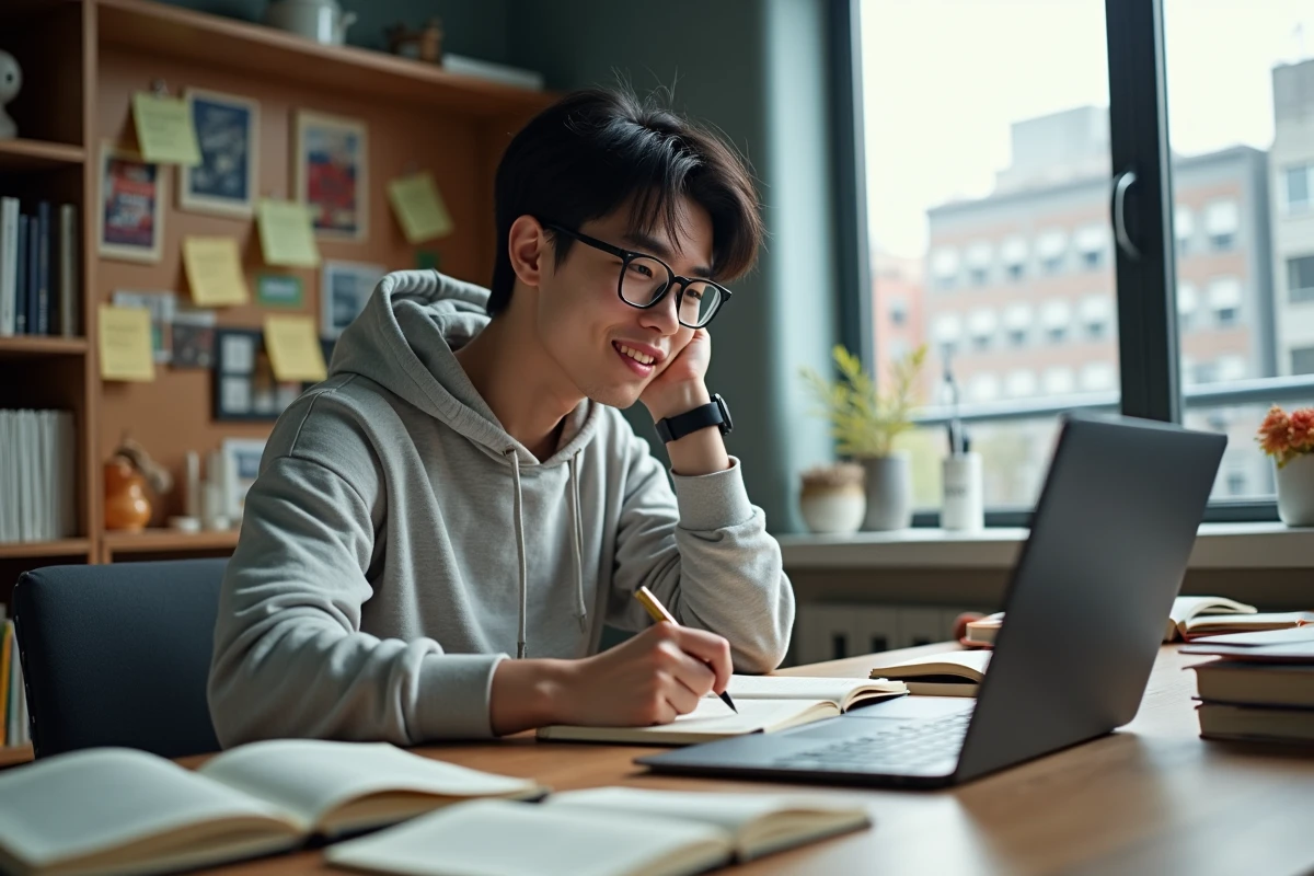 Jeune homme prenant des notes avec manga yaoi et ordinateur