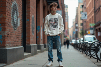 Jeune homme stylé dans la ville avec sweat et jeans