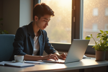 Jeune professionnel au bureau avec ordinateur et lumière naturelle