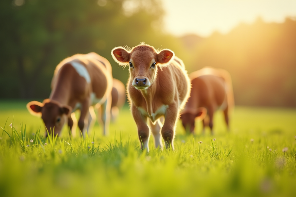 Jeune veau en gros plan dans un champ vert ensoleille