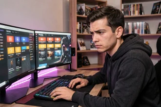 Joueur adulte scrutant une interface d'achat in-game sur double écran, évaluant la fiabilité d'une plateforme comme Igvault pour ses achats de monnaie virtuelle
