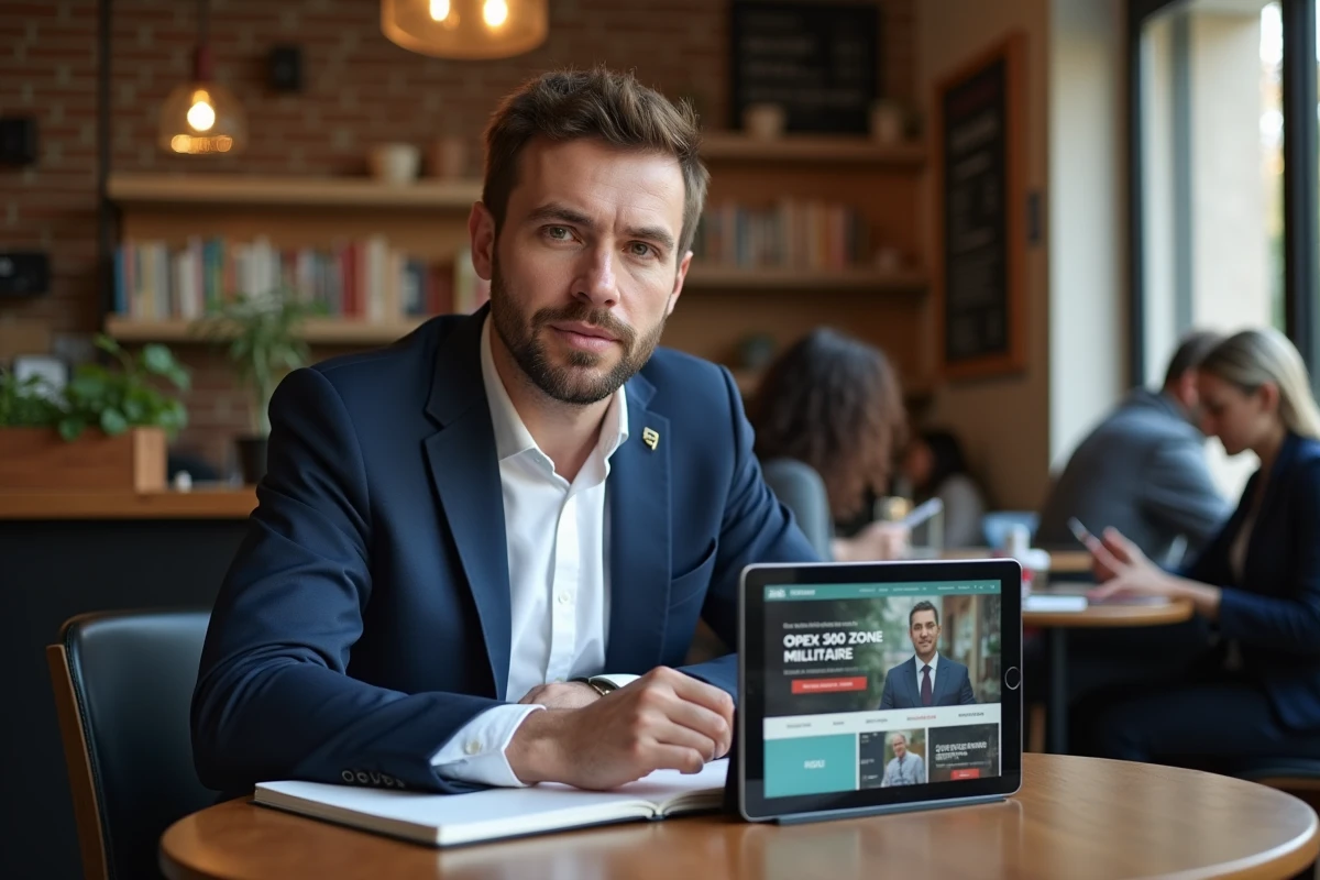 Journaliste civil consultant le site Opex 360 sur une tablette dans un café parisien